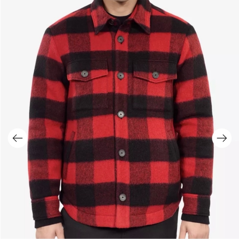 The Kooples Plaid Wool Blend Overshirt Valentine, Medium, Red/Black MSRP $615